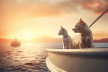 Dog And Cat Are Traveling With Their Family On Their Holiday , Background The Sea At Sunset ,Generative AI.