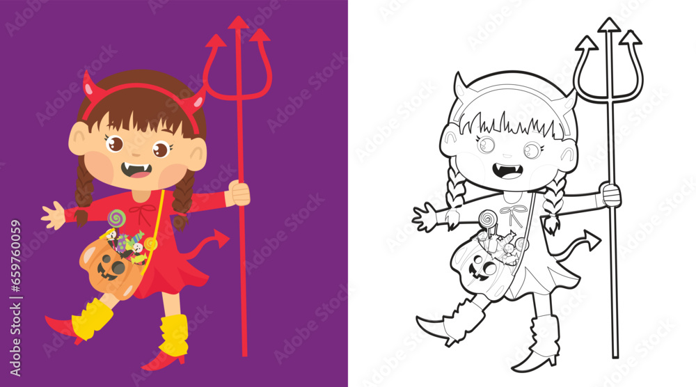 Red Devil Coloring Stock-Vektorgrafik „Coloring page a cute girl cartoon character with ...