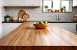 © Mirador - An empty brown wooden tabletop in a light modern kitchen as a product stage for mockups.