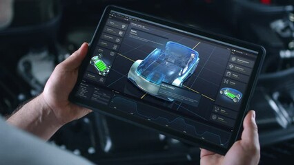 Automotive engineer holds digital tablet computer with simulation of real-time car diagnostics displayed on screen. 3D graphics visualization of professional software with 3D virtual electric vehicle 