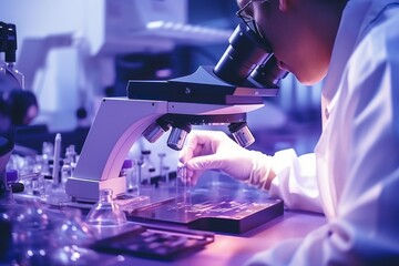 Wall Mural - A man wearing a lab coat is seen focused as he looks through a microscope. This image can be used to depict scientific research, laboratory work, or education.