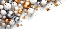 Christmas Ornament Banner With Gold Stars And Baubles On A White Background.