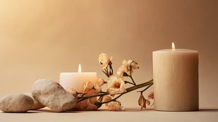 Burning, candle, on beige, background. Warm, aesthetic, composition, with stones, and dry, flowers. Home comfort, spa, relax and wellness concept. Interior decoration