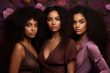 Studio portrait of three few beautiful young woman standing together in hug on different colour background