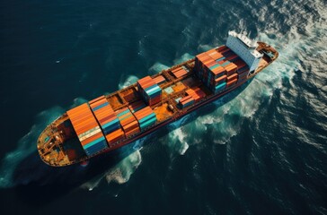 Aerial view container ship business import export logistic and transportation of international by container cargo ship in the open sea, Marine cargo freight shipping.