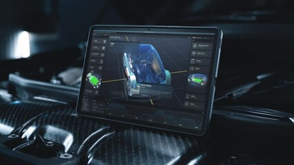 3D futuristic animation of professional program for car diagnostic with 3D virtual electric vehicle prototype displayed on digital tablet computer screen. Concept of modern car developing technology.