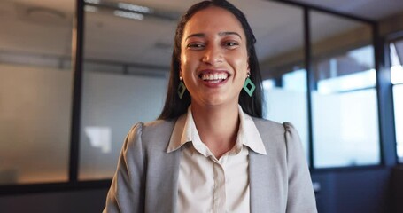 Aufkleber - Smile, wave and portrait of businesswoman on video call networking, communication or connectivity. Online meeting, greeting and happy woman in office in virtual conference, interview or conversation.