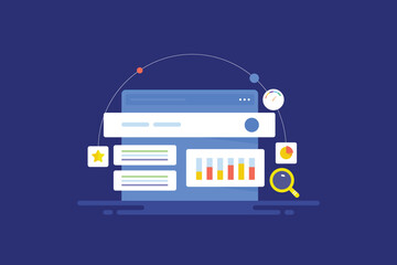 Web interface shows website SEO ranking and digital marketing data KPI graph on dashboard screen. information technology concept, vector illustration.