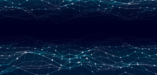 Wall Mural - Double blue abstract technology wave with dots and lines. Flow of particles. Big data transfer visualization. Vector illustration.