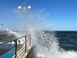 Vladivostok, Russia, October, 10, 2023. Big waves on the Sports embankment in Vladivostok in windy weather