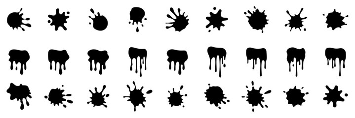 minimal Ink drops and splashes. Blotter spots, liquid paint drip drop splash and ink splatter.