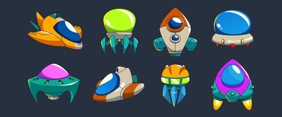 Wall Mural - fantastic ufo spaceships for video game. cartoon vector illustration set of flying futuristic cosmic