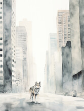 A Minimal Watercolor Of A Coyote On The Street Of A Large Modern City