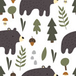 Seamless pattern with cute bears in the wood. Hand drawn childish background with wild animals in the forest. Endless kids texture for apparel, textile and prints. Vector illustration