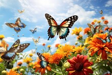 A Group Of Butterflies Gracefully Flying Over A Vibrant Field Of Colorful Flowers. Perfect For Nature Enthusiasts And Garden Lovers