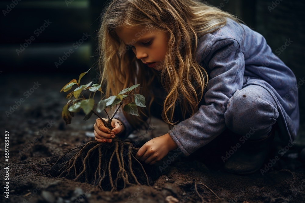 Entwining Young girl standing amidst dirt and entwining tree roots Stock Photo ...