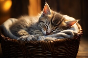 Wall Mural - A cute kitten peacefully sleeping in a basket on a table. Perfect for pet lovers and cozy home decor