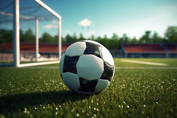 Wall Mural - A soccer ball resting on top of a vibrant and well-maintained green field. Perfect for sports-related designs or illustrating the joy of playing soccer outdoors