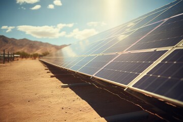 Wall Mural - A row of solar panels in the desert. This image can be used to depict renewable energy, sustainable development, or the power of the sun in arid regions