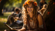 Hippie Student Girl Reading Outdoors With Flowers In Hair. 60s College Culture
