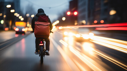 Wall Mural - a delivery service courier on a bike rides in city traffic in a blurry. bike road street