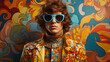 Retro 60s man with sunglasses in colorful psychedelic style