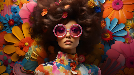 Psychedelic colourful 60s to 70s retro portrait of black woman wearing sunglasses