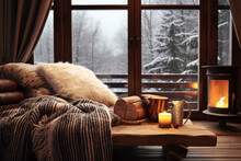 Cozy Rustic Living Room With Big Floor To Ceiling Windows And A Fireplace, Decorated For Christmas.
