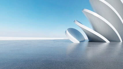 Poster - 3d render of abstract futuristic architecture with empty concrete floor. Scene for car presentation.