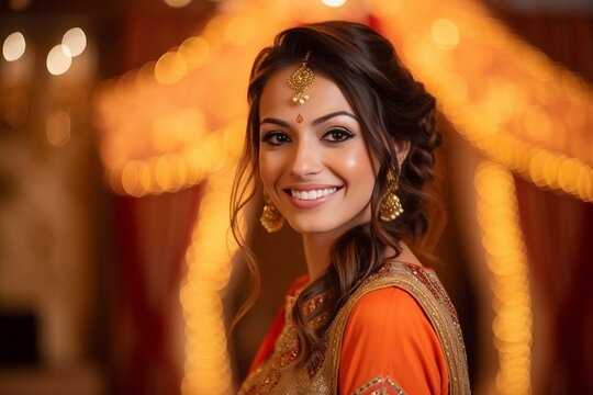 Beautiful indian woman in traditional clothing. Bokeh background.