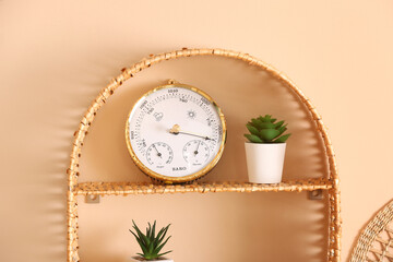 Wall Mural - Aneroid barometer and small houseplant on wicker shelf in room, closeup
