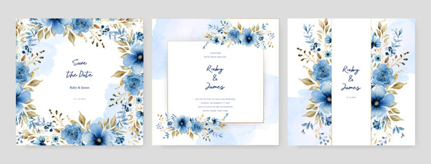 Fototapete - Blue peony luxury wedding invitation with golden line art flower and botanical leaves, shapes, watercolor