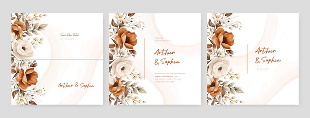 Orange and beige poppy floral wedding invitation card template set with flowers frame decoration