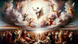 Faith and Glory in Jesus Second Coming: Christ's Majestic Return and Arrival, Surrounded by a Heavenly Host of Angels, assembled for the Final Judgment