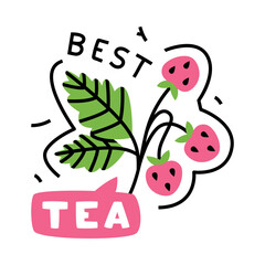 Sticker - Best Tea Inscription with Strawberry Branch for Aromatic Tea Brewing Vector Template