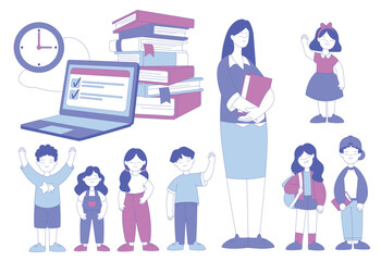 Canvas Print - Woman Teacher and Children with Books and Laptop Standing and Greeting Vector Set