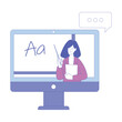 Woman School Teacher or Educator from Computer Screen with Pointer Teaching Alphabet Vector Illustration