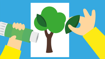 Poster - Ecology concept. Hands holding a office glue and wallet leaf