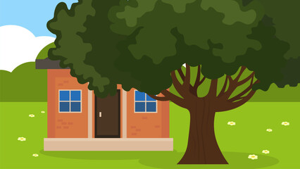 Poster - House and tree in the garden. Vector illustration in flat style.