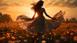 Woman Dancing in Flower Field at Sunset