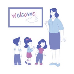 Wall Mural - Smiling Woman Teacher Welcome Little Boy and Girl First Grader Standing Vector Illustration