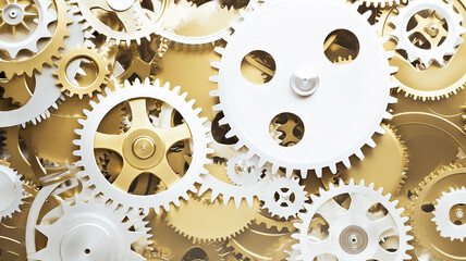 Wall Mural - golden gears, teamwork concept complex business mechanism, mechanics abstract background, texture of work