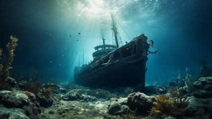 Poster - sunken ship landscape on the seabed, underwater view shipwreck artificial reef abstract fictional graphics