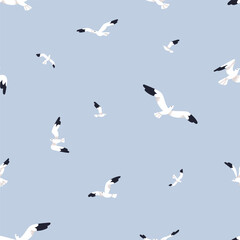 Fototapete - Sea gulls, flying birds pattern. Seamless marine background, repeating print. Seagulls in blue sky, texture design. Repeatable flat vector illustration for textile, fabric, wallpaper, decoration