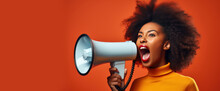 Black Woman On A Solid Orange Background Shouts Into A Bullhorn And Announces The Start Of Black Friday Sale Day. Banner