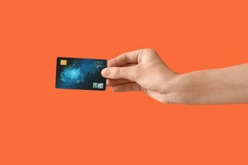 Poster - Woman with credit card on orange background