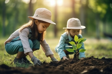 Children helping planting tree on nature field grass forest