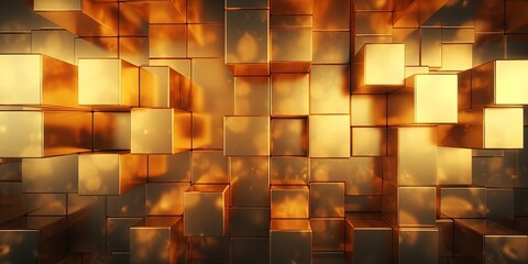 Abstract geometric metallic gold texture wall with squares and square cubes background banner illustration with glowing lights, textured metal