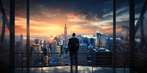 Wall Mural - Businessman on office building balcony looking city skyline with skyscrapers