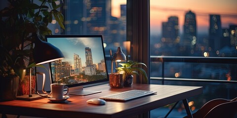 Wall Mural - Desktop computer on a desk next to a window.